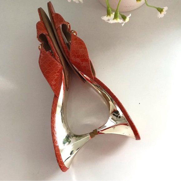 VIA SPIGA Women's Orange  Leather Slip On Heeled Sandals Crystal Embedded Sz 7 - Picture 7 of 15